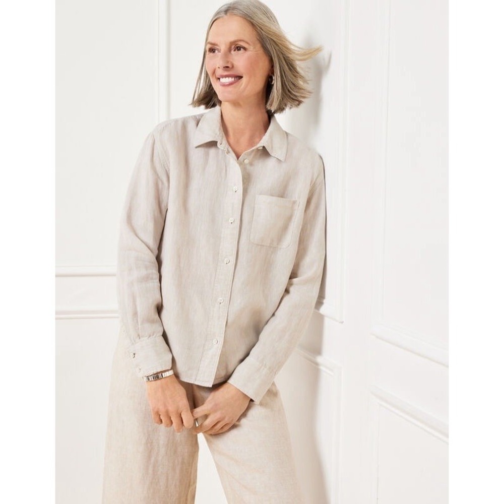 Talbots 100% Linen Button Front Top Beige Long Sleeve Relaxed Fit Lagenlook Sz L